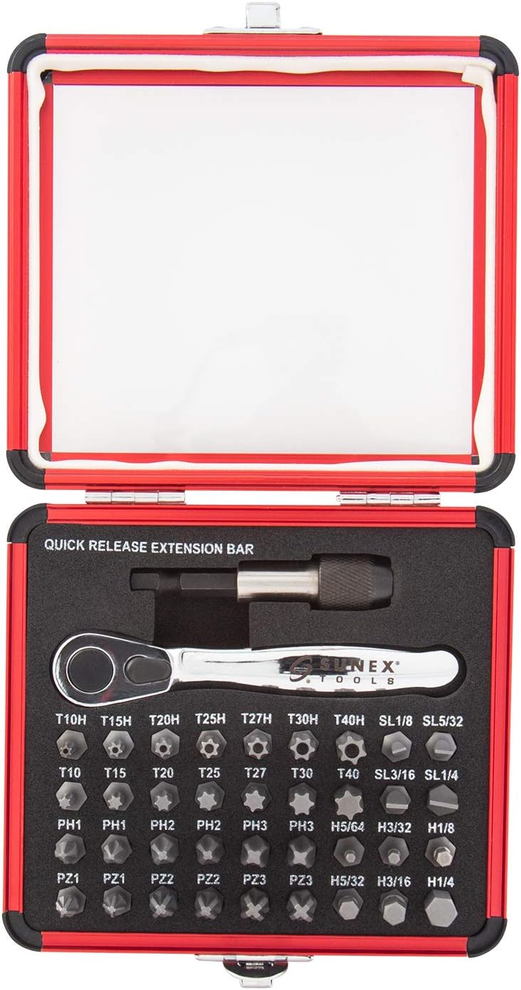 SUNEX Tools 9726 Mini Ratchet and Bit Set with Quick Release Extension Bar - 38-Piece S2 Bits - Image 1